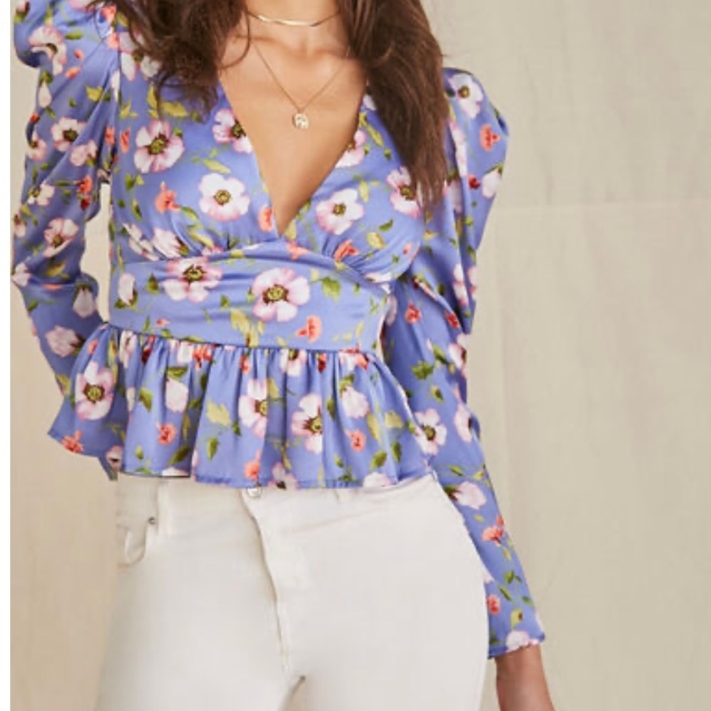 Forever 21 Floral Top with Puff Long Sleeve Blouse